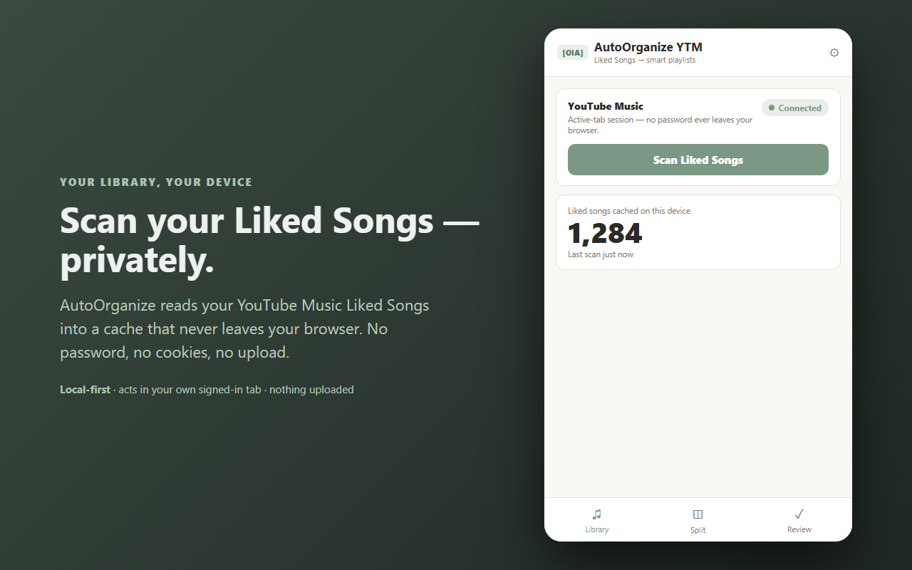 AutoOrganize — scan your YouTube Music Liked Songs privately on device
