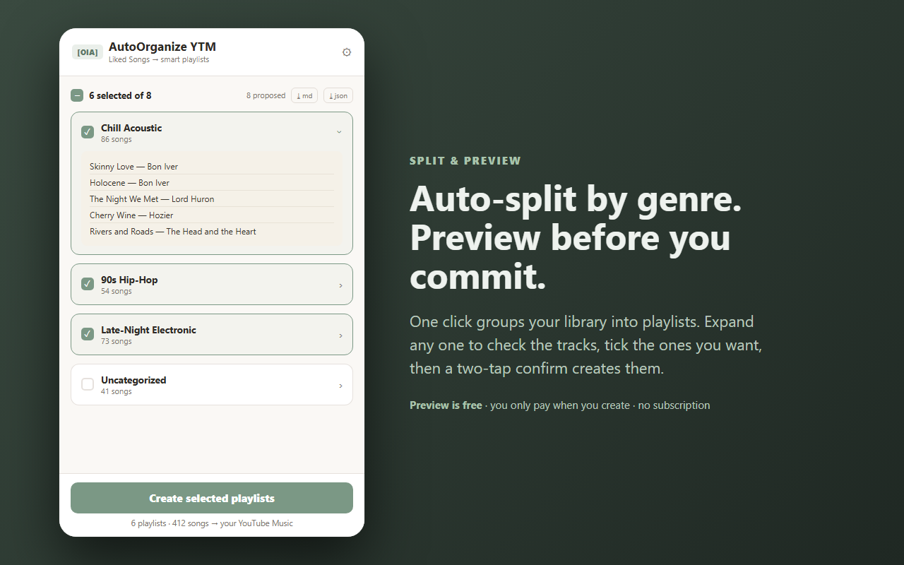 AutoOrganize — auto-split Liked Songs into genre playlists, preview before creating