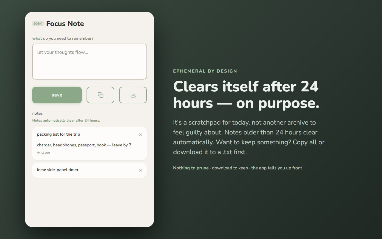 Focus Note — notes auto-clear after 24 hours; copy or download to keep them