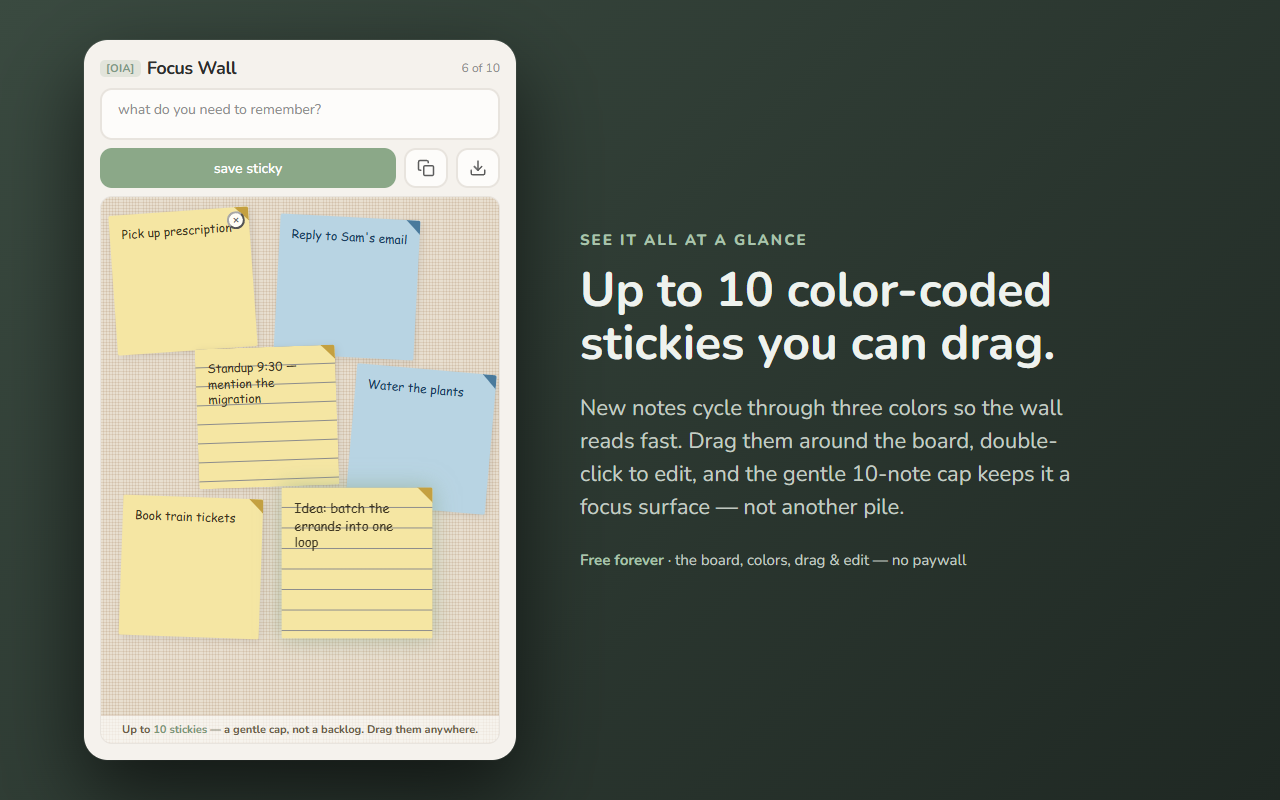 Focus Wall — up to 10 color-coded stickies you can expand, edit, and drag
