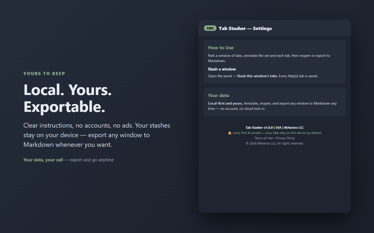 Tab Stasher — local and exportable to Markdown