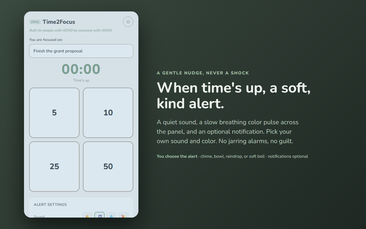 Time2Focus — gentle completion alert with sound, color pulse, and optional notification