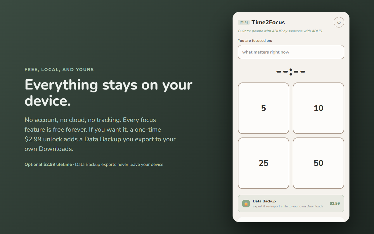 Time2Focus — free and local, with an optional lifetime Data Backup